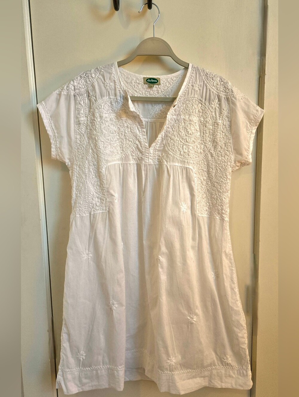 Dolma White Ava Hand Embroidered Boho Cotton Shift Dress Tunic M